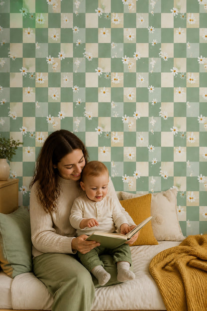 Sage Green Wallpaper Daisy Flowers Removable Checkered Wall Double Roll