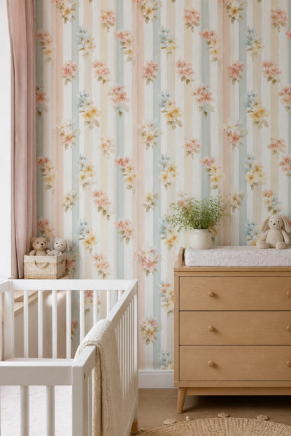 Muted Green Wallpaper Pastel Stripes Watercolor Decorative Mural