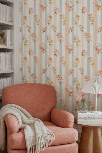 Muted Green Wallpaper Pastel Stripes Watercolor Decorative Mural