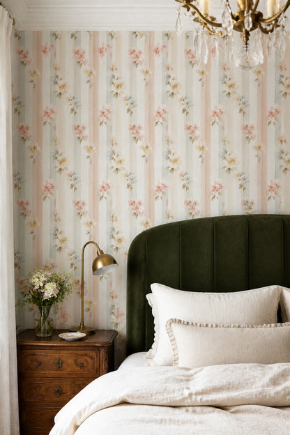 Muted Green Wallpaper Pastel Stripes Watercolor Decorative Mural