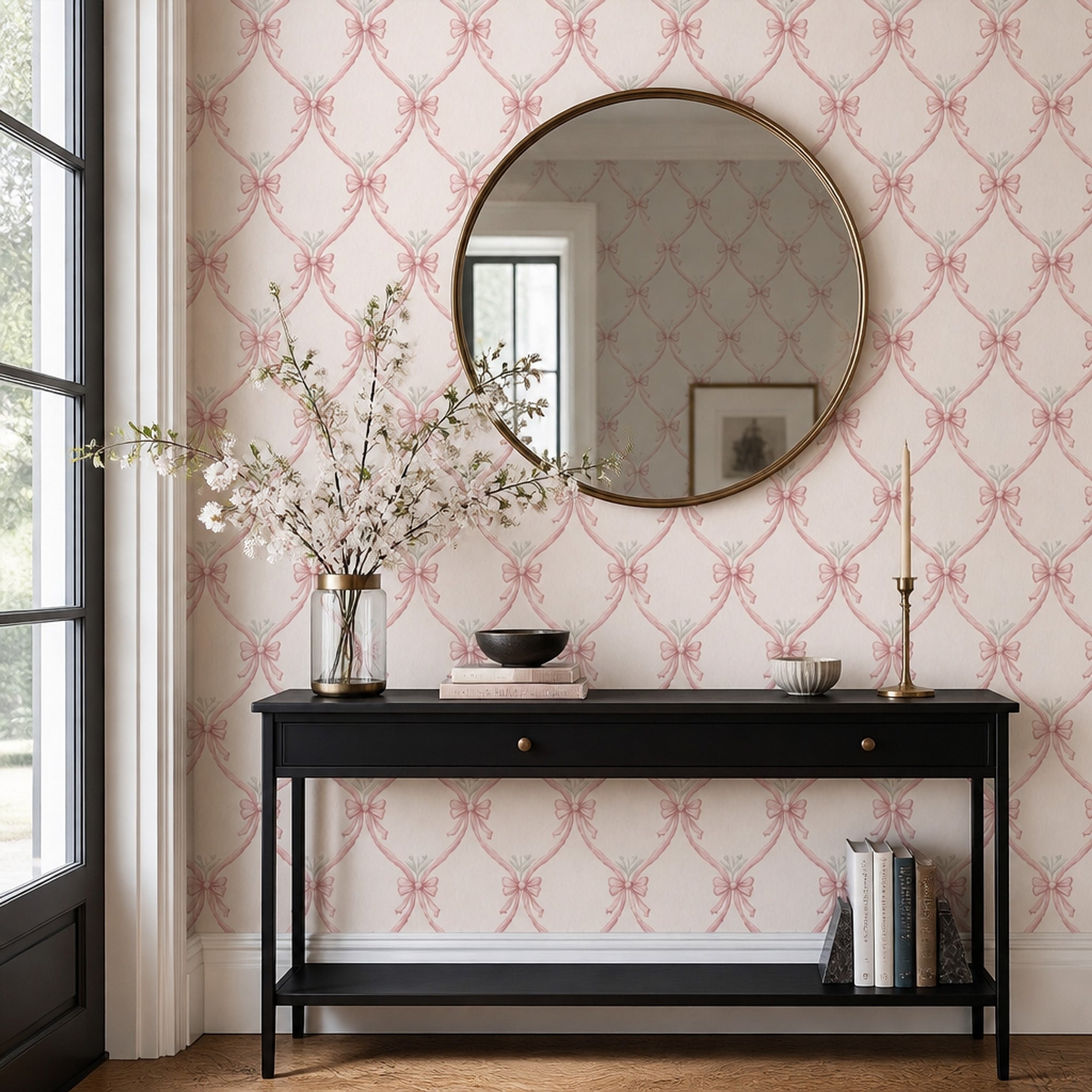 Pink Ribbon Wallpaper Bows Removable Trellis Wall Double Roll