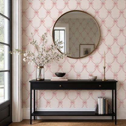 Pink Ribbon Wallpaper Bows Removable Trellis Wall Double Roll