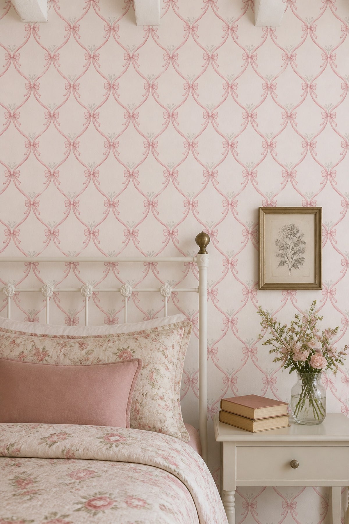 Pink Ribbon Wallpaper Bows Removable Trellis Wall Double Roll