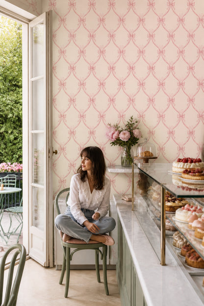 Pink Ribbon Wallpaper Bows Removable Trellis Wall Double Roll