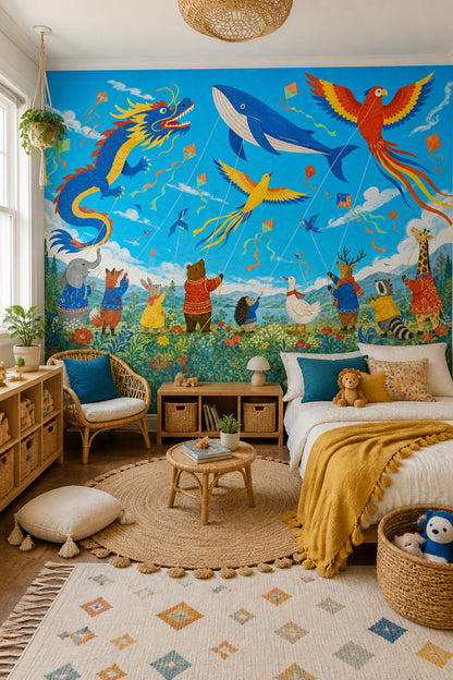 Whimsical Animals Wallpaper Kite Festival Dragon Kite Wall Mural