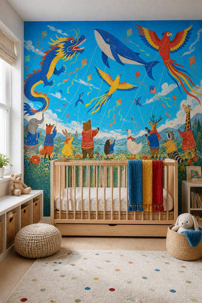 Whimsical Animals Wallpaper Kite Festival Dragon Kite Wall Mural