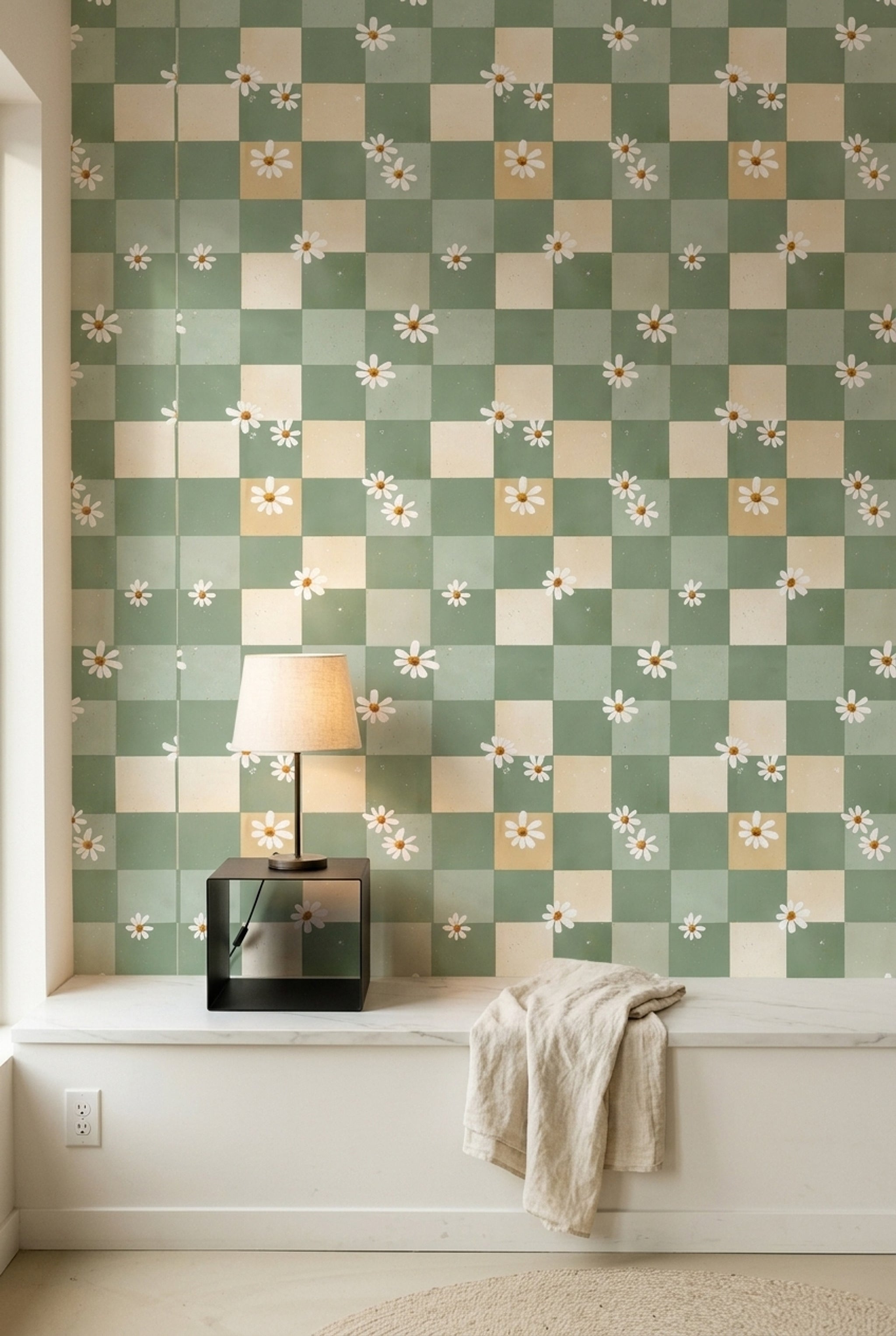 Sage Green Wallpaper Daisy Flowers Removable Checkered Wall Double Roll