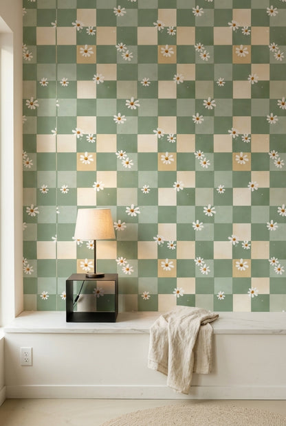 Sage Green Wallpaper Daisy Flowers Removable Checkered Wall Double Roll