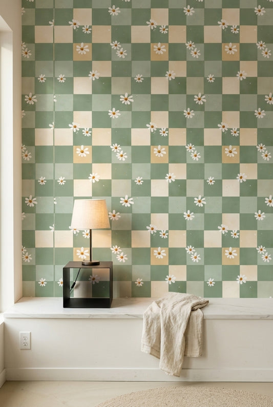 Sage Green Wallpaper Daisy Flowers Removable Checkered Wall Double Roll