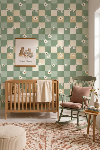 Sage Green Wallpaper Daisy Flowers Removable Checkered Wall Double Roll