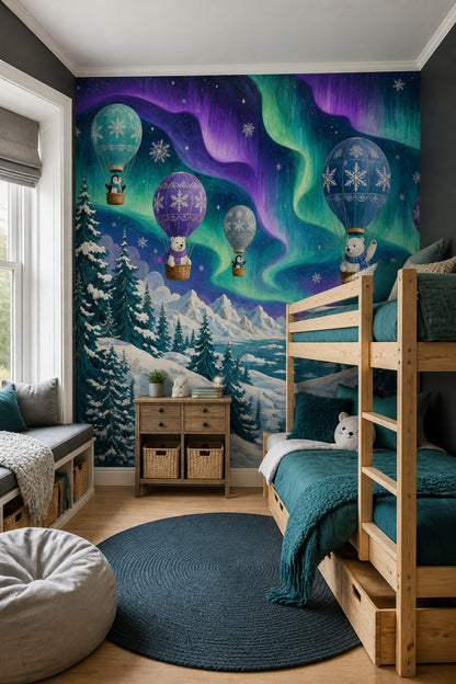 Aurora Borealis Wallpaper Starry Sky Arctic Animals Removable Wall Decor