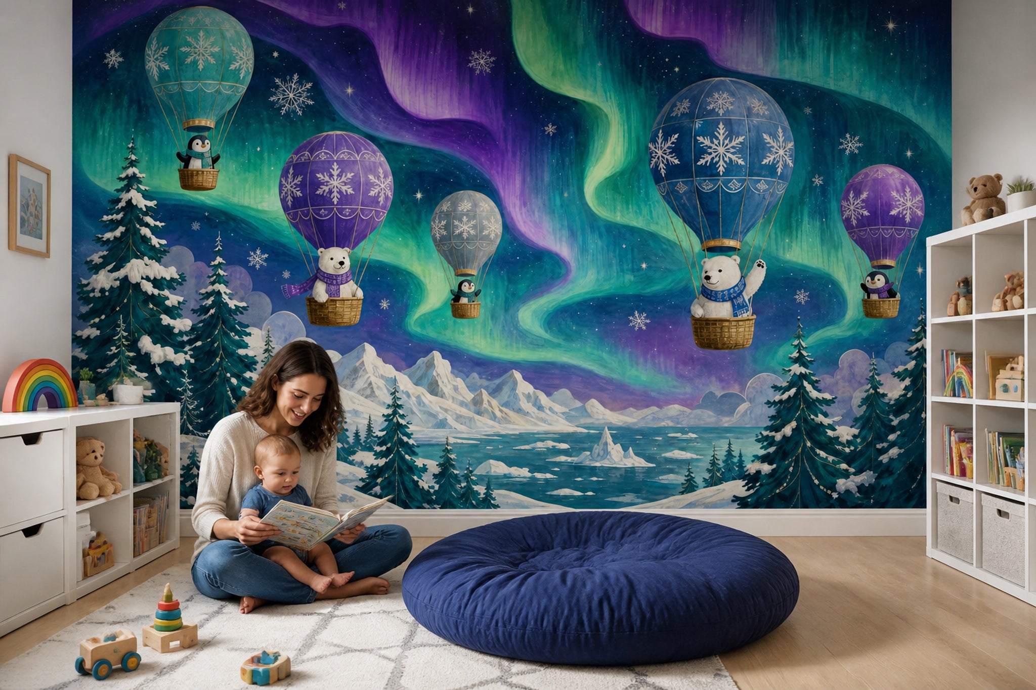 Aurora Borealis Wallpaper Starry Sky Arctic Animals Removable Wall Decor