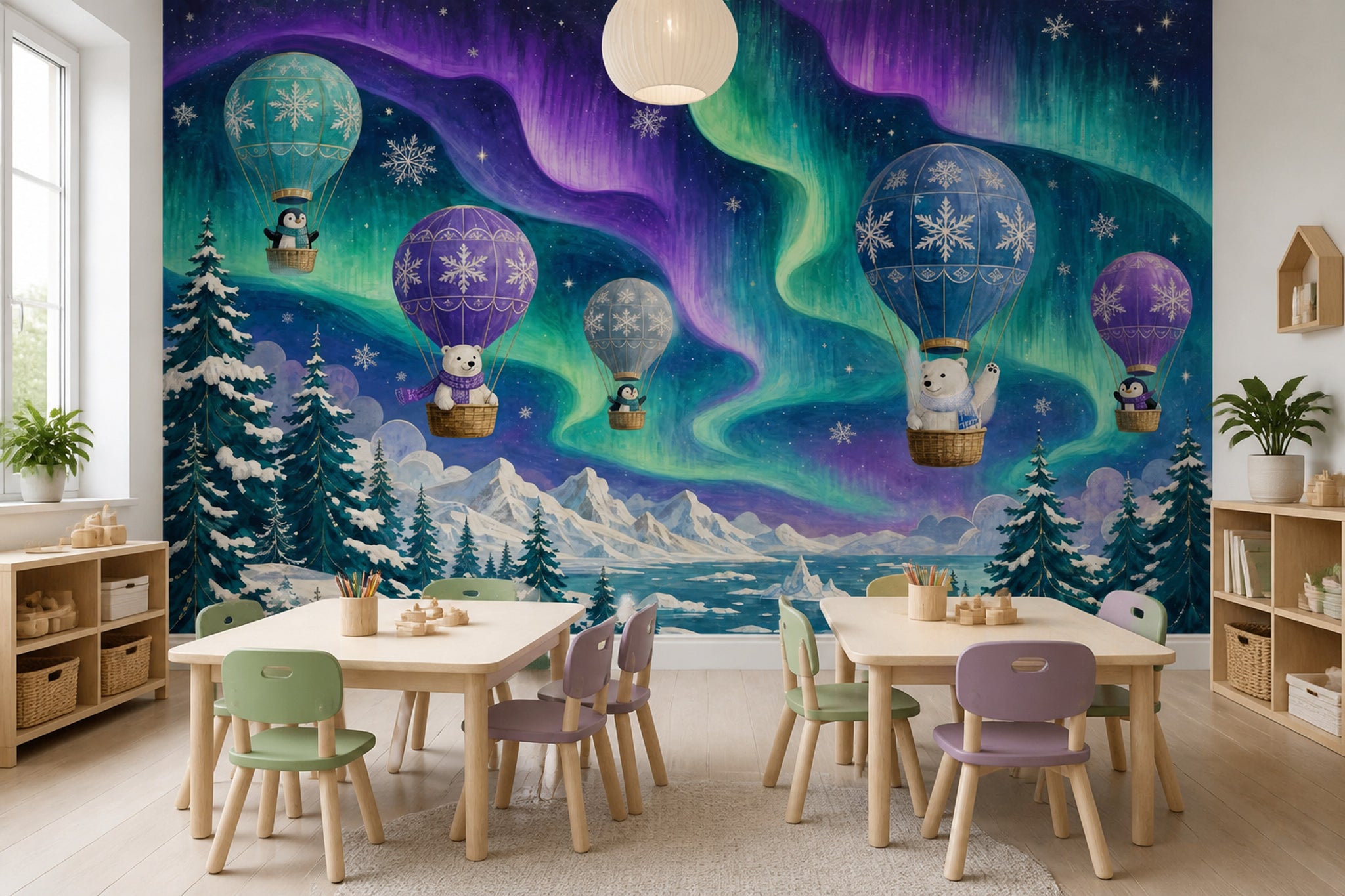 Aurora Borealis Wallpaper Starry Sky Arctic Animals Removable Wall Decor