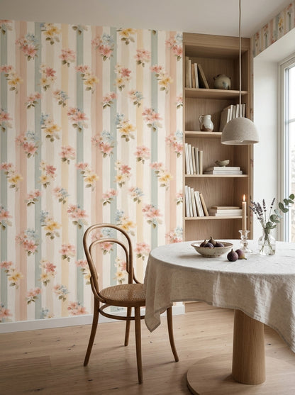 Muted Green Wallpaper Pastel Stripes Watercolor Decorative Mural