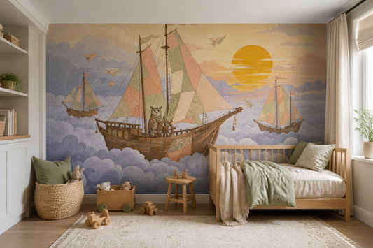 Flying Ships Wallpaper Whimsical Sky Removable Vintage Storybook Wall Decor
