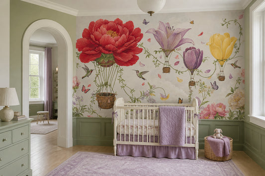 Floral Hot Air Balloons Wallpaper Vintage Botanical Removable Whimsical Garden Wall Decor