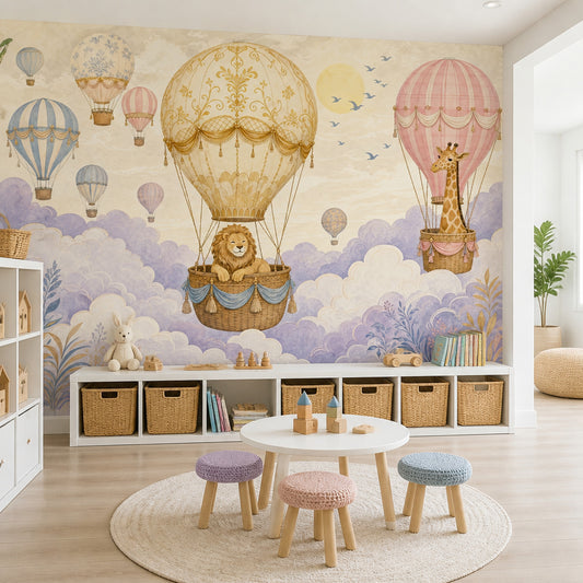 Hot Air Balloons Wallpaper Lion Giraffe Removable Wall Decor