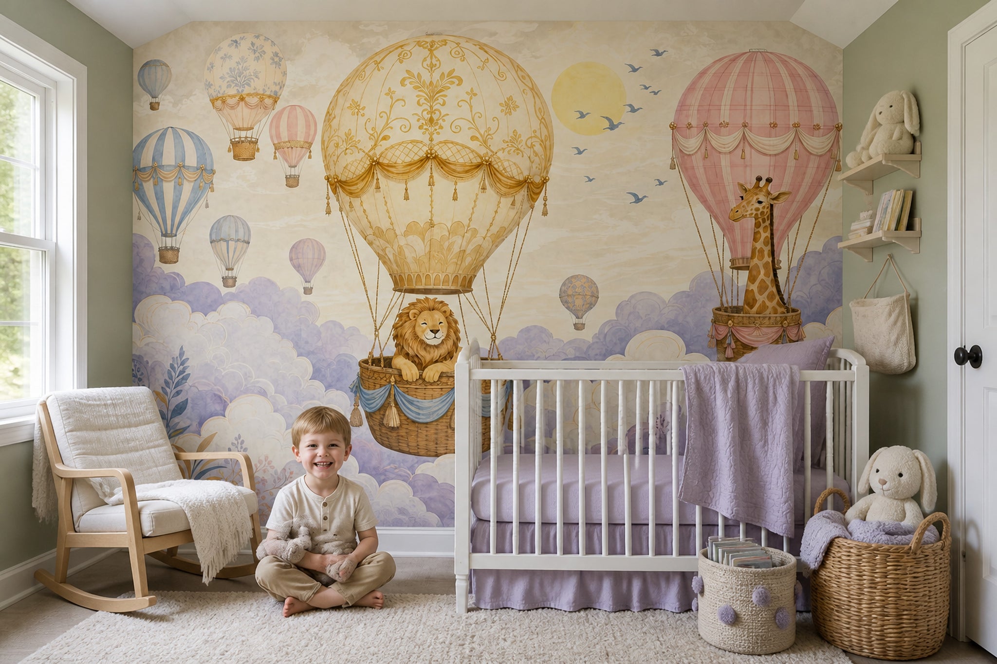 Hot Air Balloons Wallpaper Lion Giraffe Removable Wall Decor