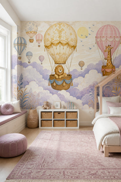 Hot Air Balloons Wallpaper Lion Giraffe Removable Wall Decor