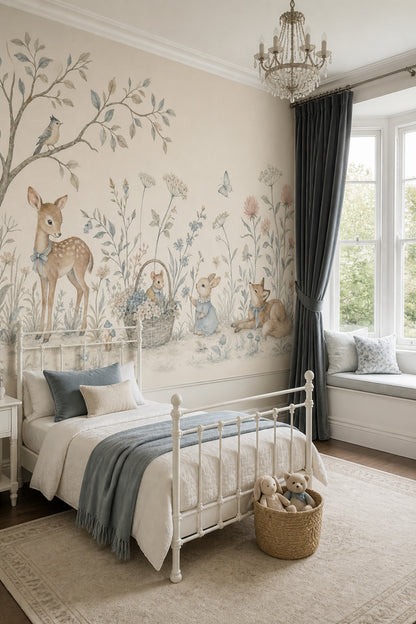 Woodland Animals Wallpaper Floral Meadow Watercolor Wall Mural