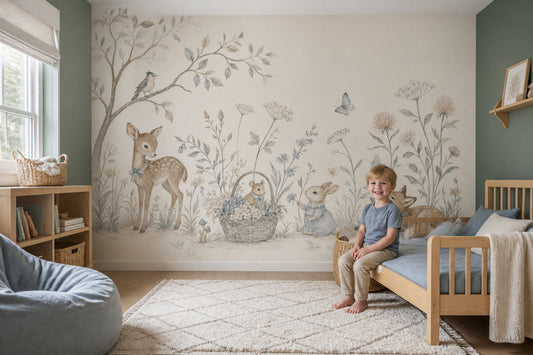 Woodland Animals Wallpaper Floral Meadow Watercolor Wall Mural