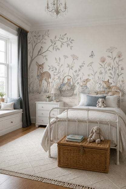 Woodland Animals Wallpaper Floral Meadow Watercolor Wall Mural