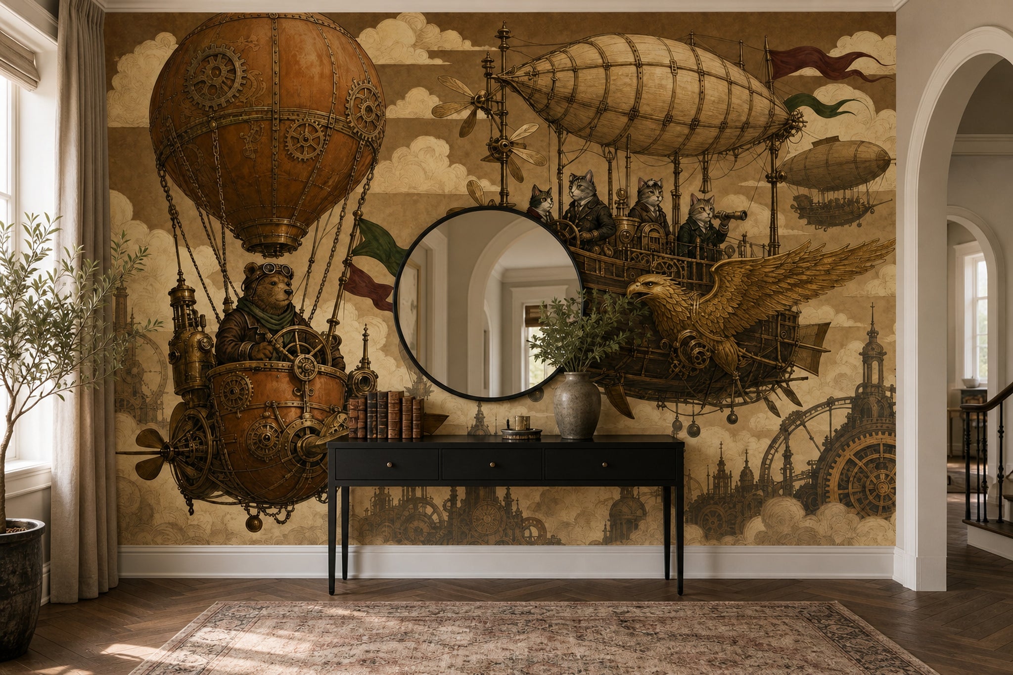 Muted Green Wallpaper Hot Air Balloon Removable Wall Decor
