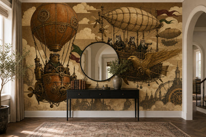 Muted Green Wallpaper Hot Air Balloon Removable Wall Decor
