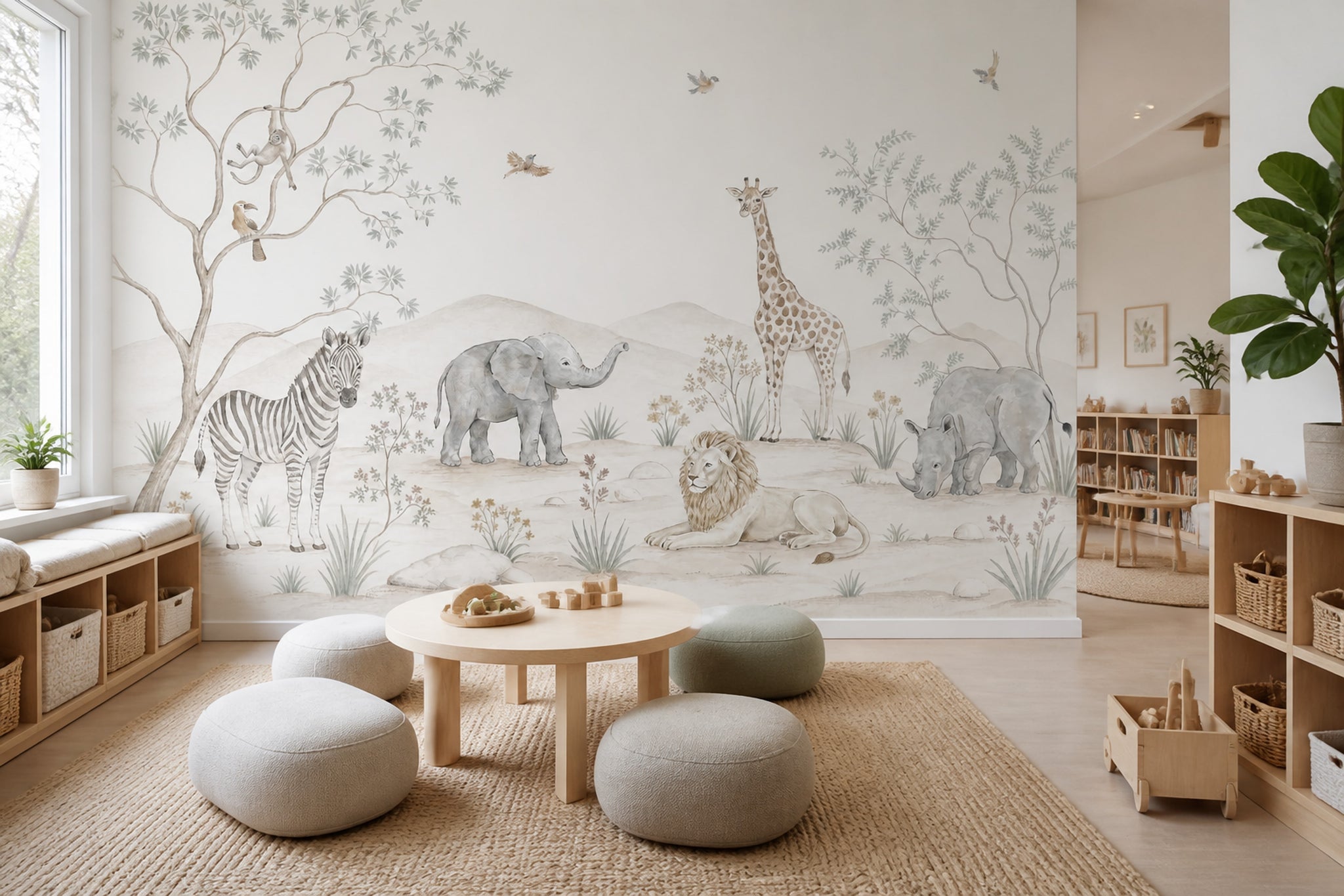 White Background Wallpaper Muted Green Removable Wall Decor