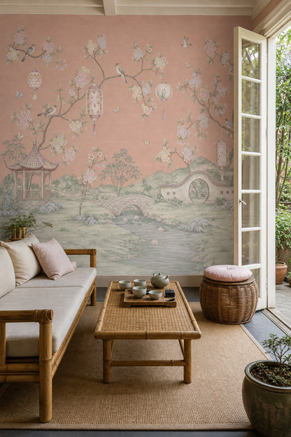 Muted Green Wallpaper Chinoiserie Removable Watercolor Wall Decor