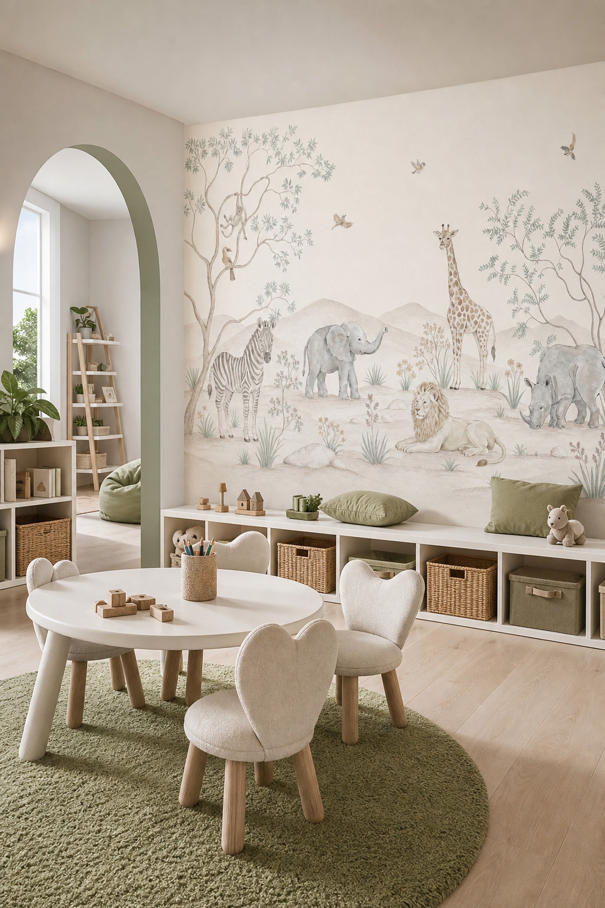 White Background Wallpaper Muted Green Removable Wall Decor