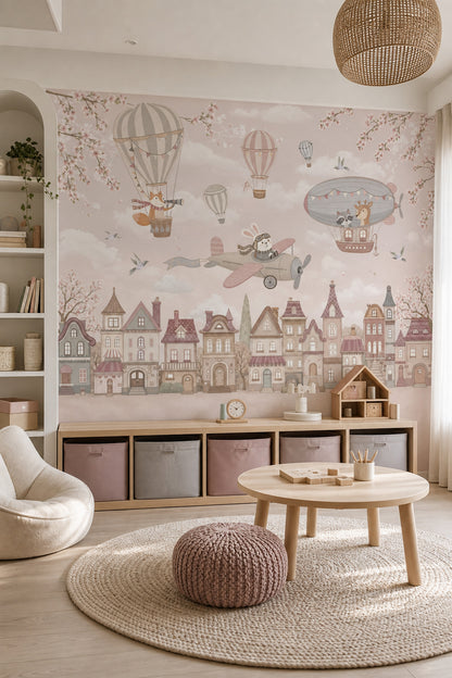Storybook Village Wallpaper Whimsical Removable Pastel Wall Decor