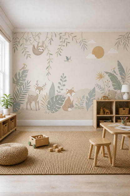 Nursery Jungle Wallpaper Woodland Animals Tropical Leaves Removable Wall Decor