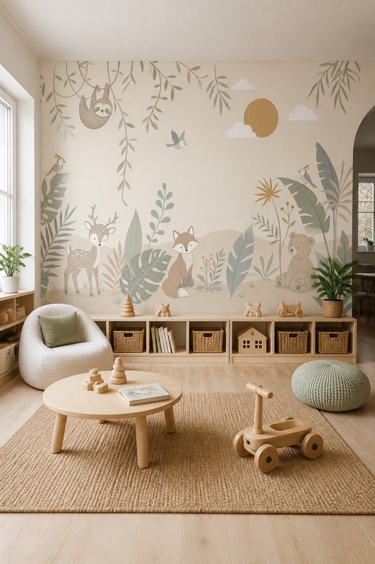 Nursery Jungle Wallpaper Woodland Animals Tropical Leaves Removable Wall Decor