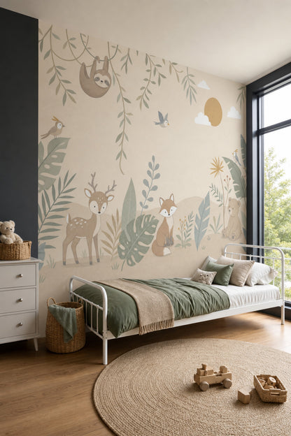 Nursery Jungle Wallpaper Woodland Animals Tropical Leaves Removable Wall Decor