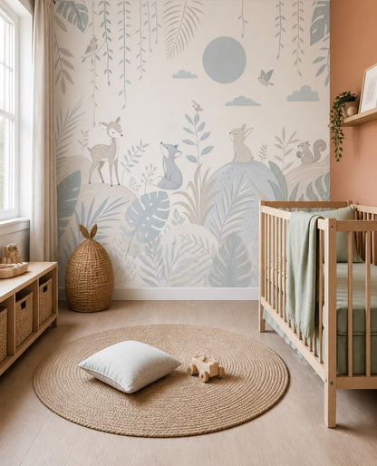 Woodland Animals Wallpaper Nursery Wallpaper Pastel Botanical Wall Mural