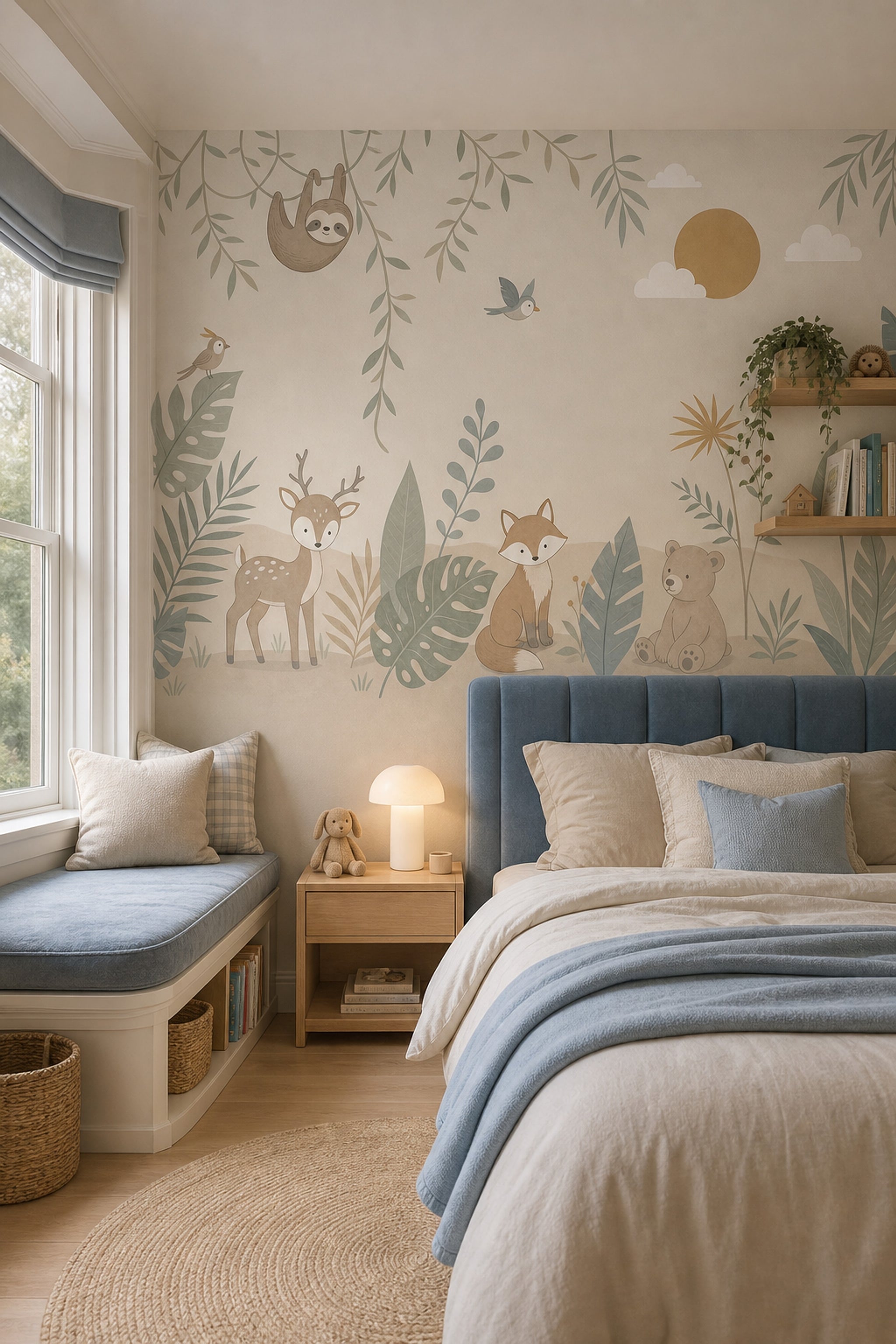 Nursery Jungle Wallpaper Woodland Animals Tropical Leaves Removable Wall Decor