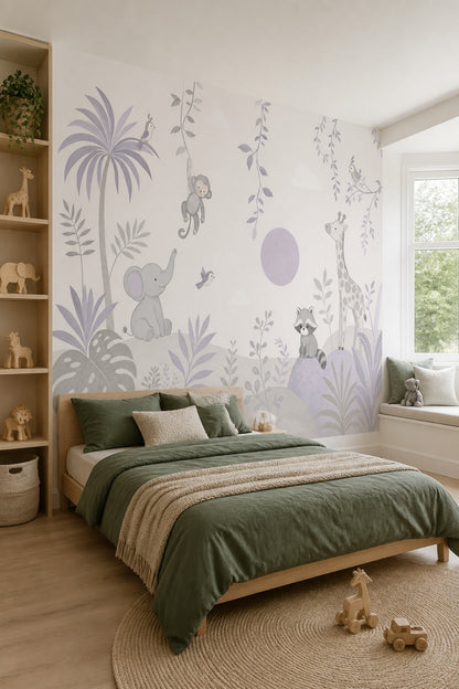 Nursery Jungle Wallpaper Safari Animals Tropical Foliage Removable Wall Decor