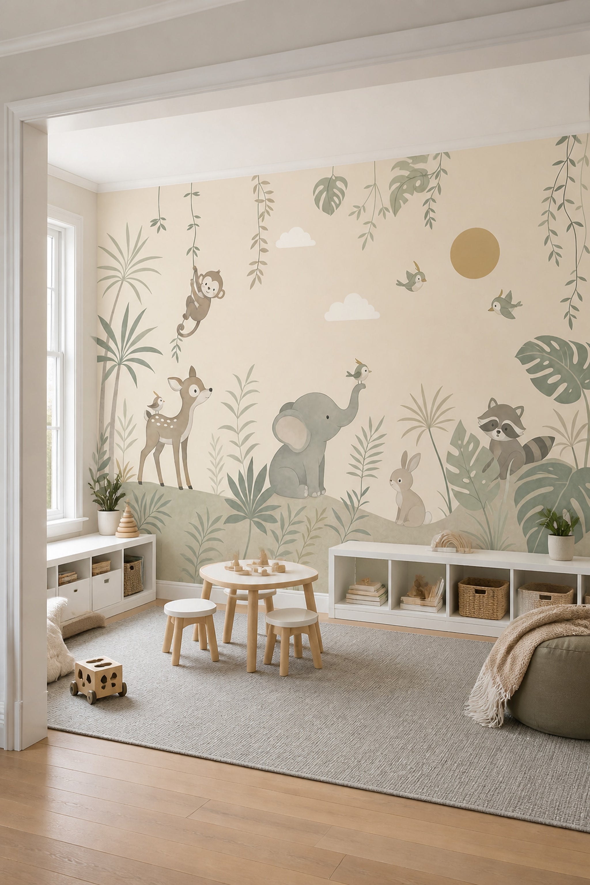 Jungle Nursery Wallpaper Tropical Animals Watercolor Wall Mural