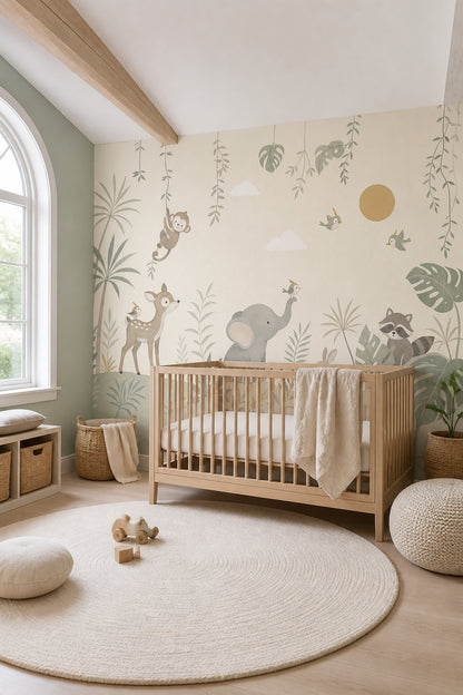 Jungle Nursery Wallpaper Tropical Animals Watercolor Wall Mural