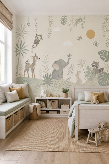 Jungle Nursery Wallpaper Tropical Animals Watercolor Wall Mural