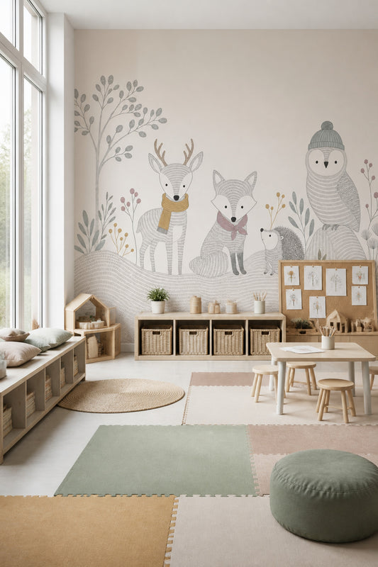 White Background Wallpaper Woodland Animals Removable Kids Wall Decor