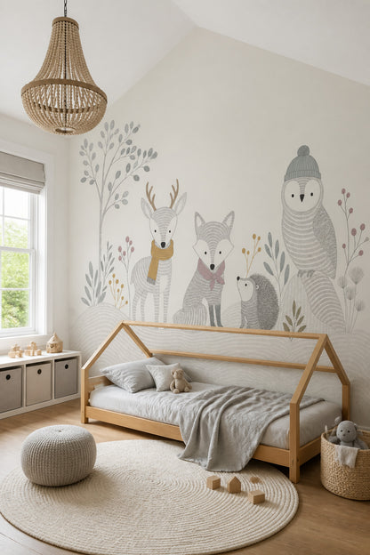 White Background Wallpaper Woodland Animals Removable Kids Wall Decor