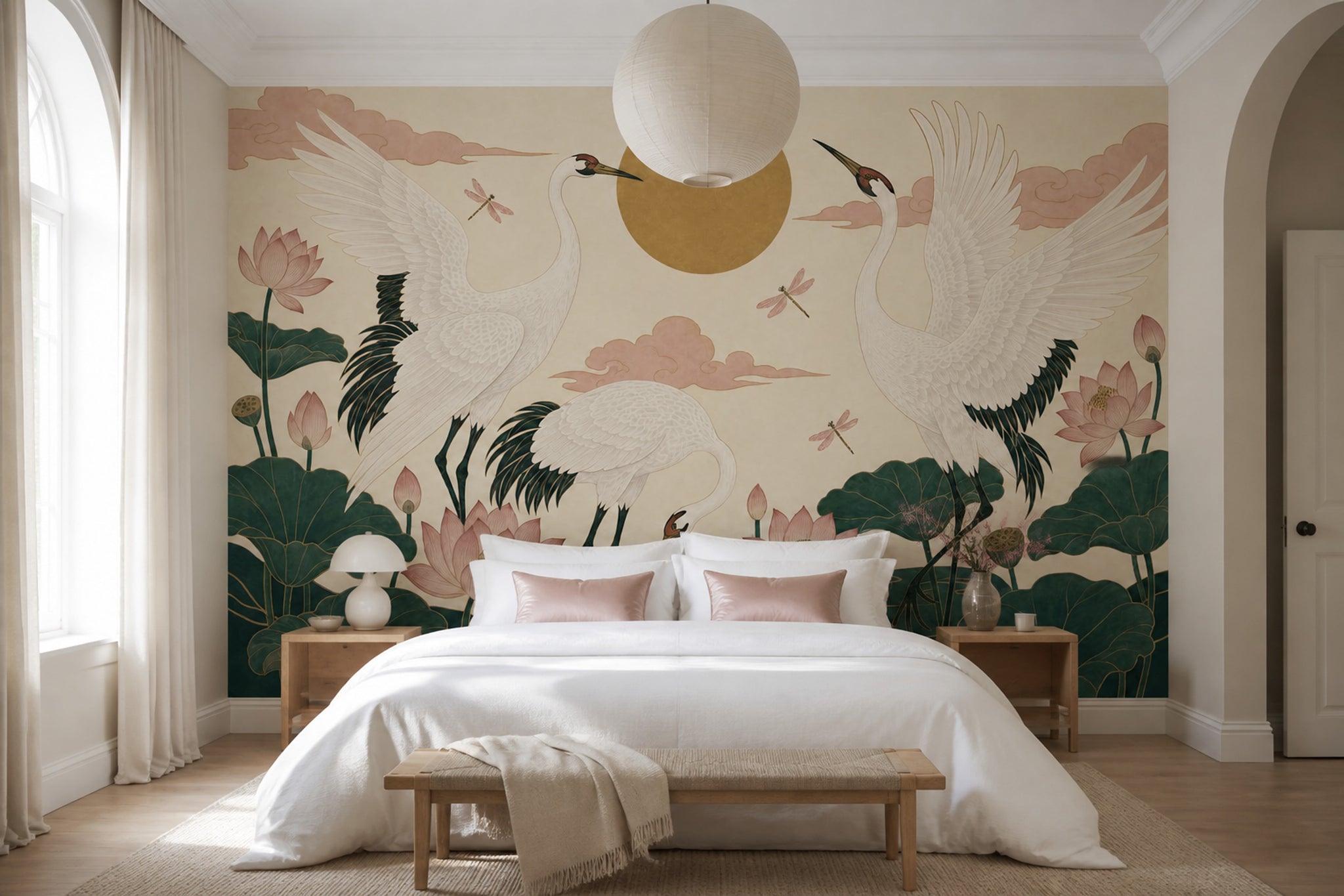 Cranes Wallpaper Lotus Flowers Removable Oriental Wall Decor