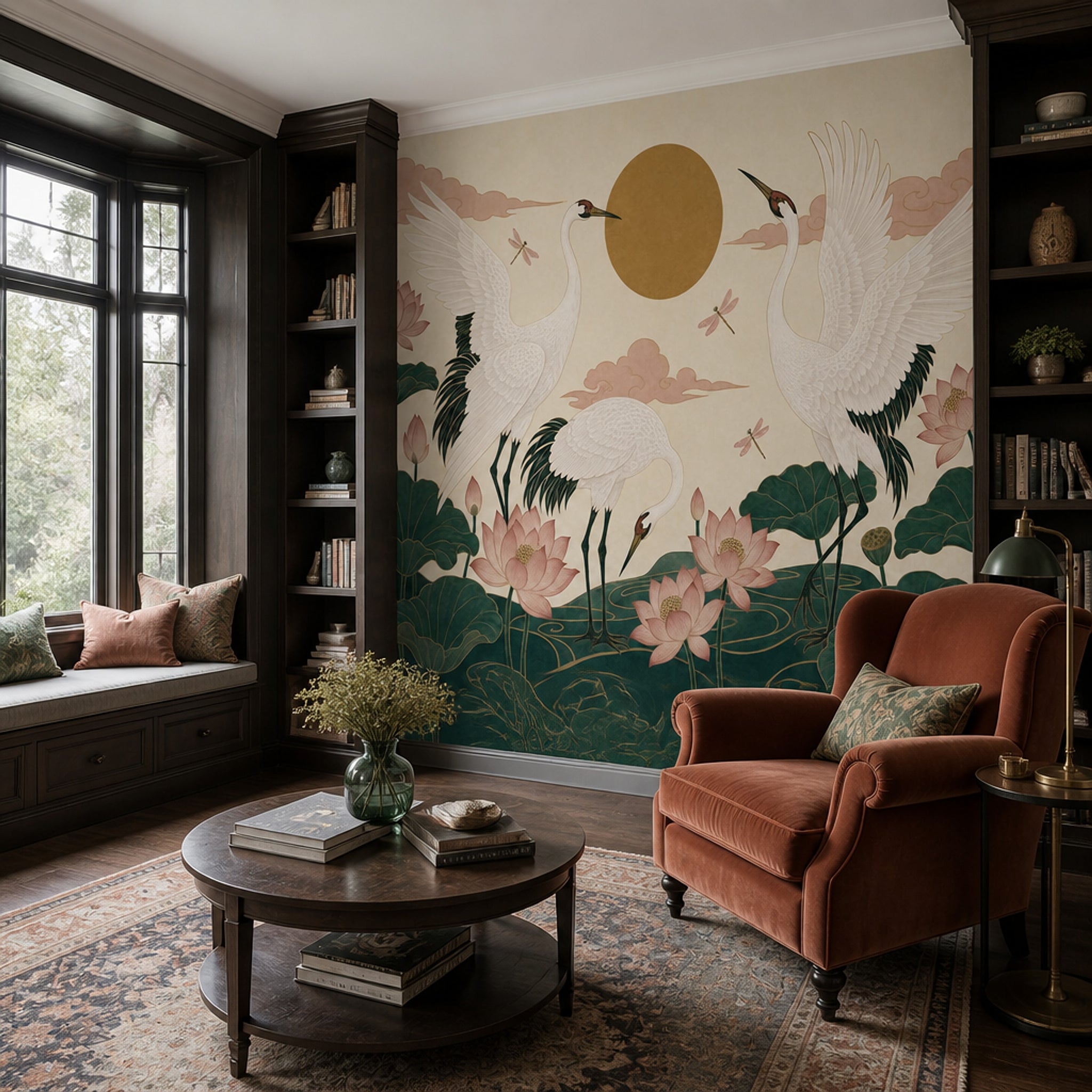 Cranes Wallpaper Lotus Flowers Removable Oriental Wall Decor