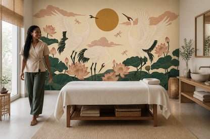 Cranes Wallpaper Lotus Flowers Removable Oriental Wall Decor