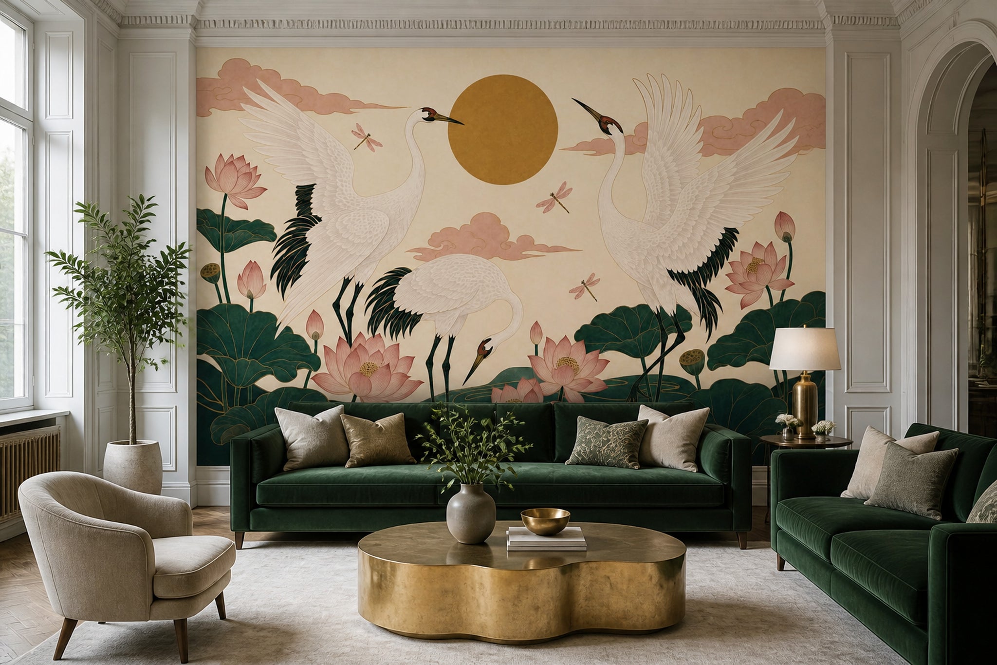 Cranes Wallpaper Lotus Flowers Removable Oriental Wall Decor