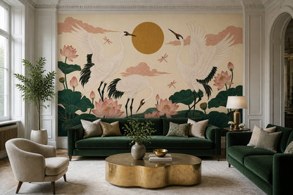 Cranes Wallpaper Lotus Flowers Removable Oriental Wall Decor
