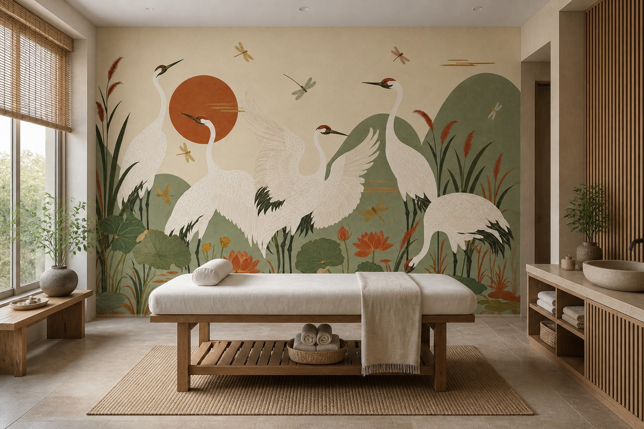 Cranes Wallpaper Lotus East Asian Removable Wall Decor