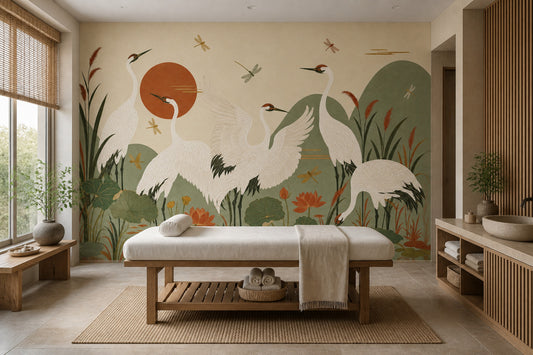 Cranes Wallpaper Lotus East Asian Removable Wall Decor